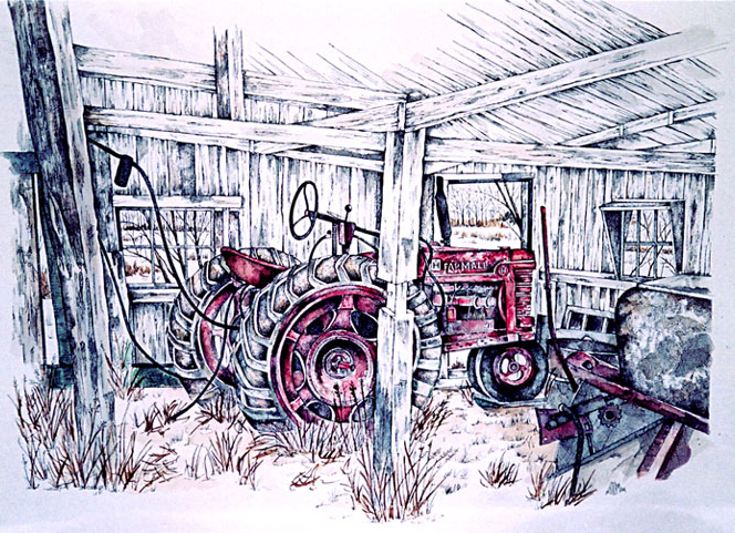 Bub's Tractor - pen & ink